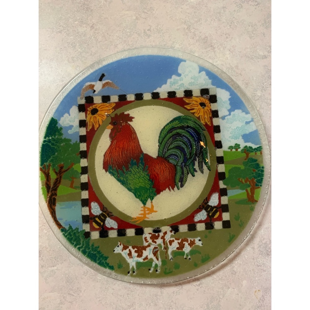 Peggy Karr Rooster Fused Glass Plate and Metal Wall Holder